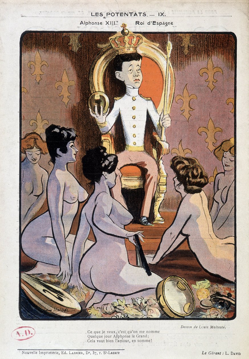 Espanjan kuninkaan Alfonso XIII:n muotokuva valtaistuimellaan alastomien naisten ympäröimänä - Louis Maltesten piirros elokuvassa "La Vie en Rose" 21.9.1902. tekijältä Louis Malteste