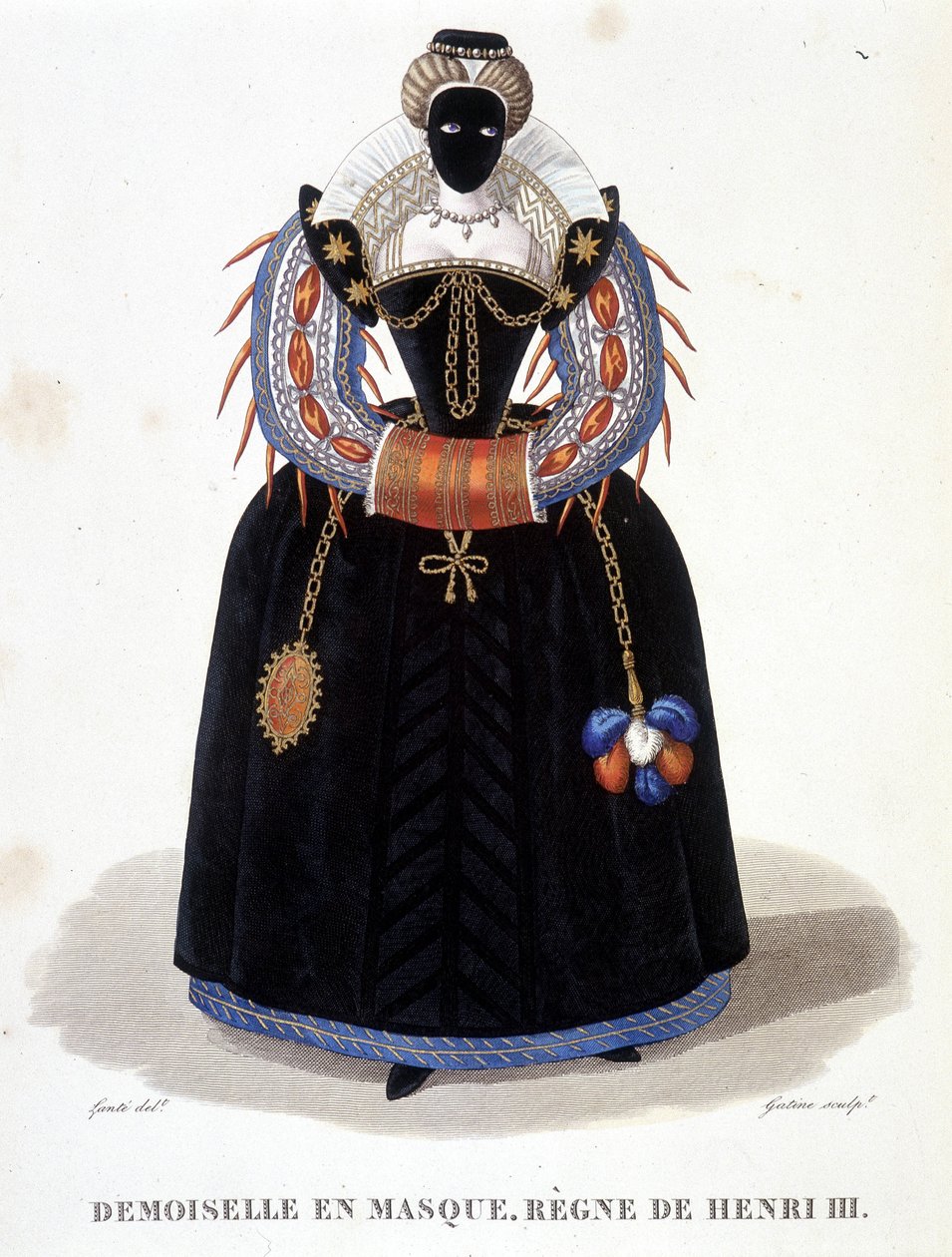 Naamioisen naisen muotokuva, 1500-luvun toinen puoli. Kirjassa "" Galerie francaise de femmes célèbres "" tekijältä Louis Marie Lante