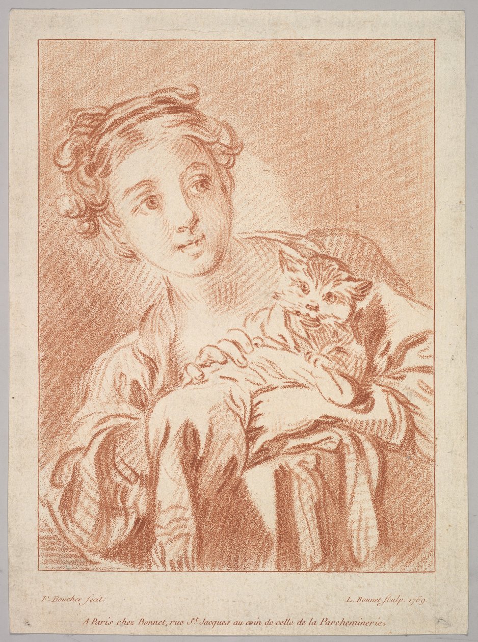 Nuori tyttö pitelee kissaa, 1769. tekijältä Louis Marin Bonnet