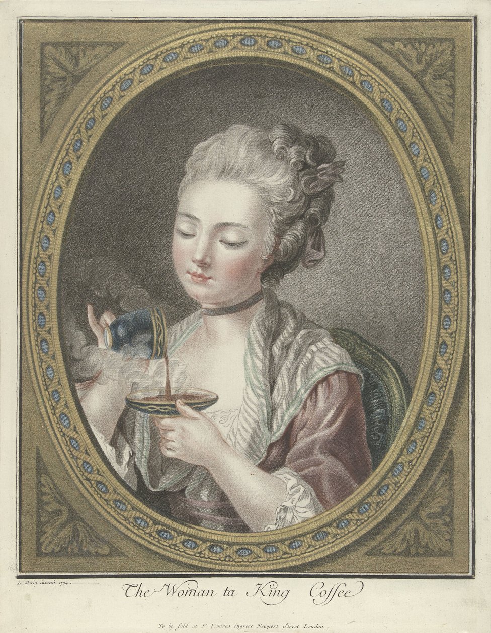 Kahvia juovan nuoren naisen rintakuva The Woman ta King Coffee (otsikko esineessä) tekijältä Louis Marin Bonnet