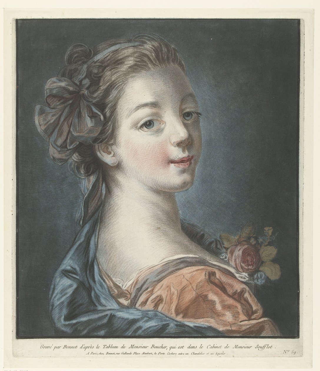 Nuoren naisen rintakuva rusetti hiuksissaan Tete de femme tekijältä Louis Marin Bonnet