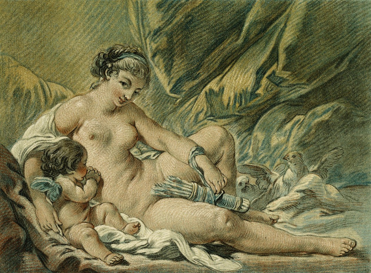 Rakkaus saa Venuksen luovuttamaan aseensa F. Boucherin mukaan; Rakkaus pyytää Venusta palauttamaan kätensä F. Boucherin jälkeen, 1768 tekijältä Louis Marin Bonnet
