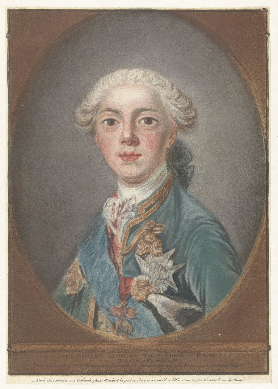 Ranskalaisen Louis Stanislas Xavierin muotokuva Louis-Stanislas-Xavier Ranskasta, Provencen kreivi (otsikko esineessä) tekijältä Louis Marin Bonnet