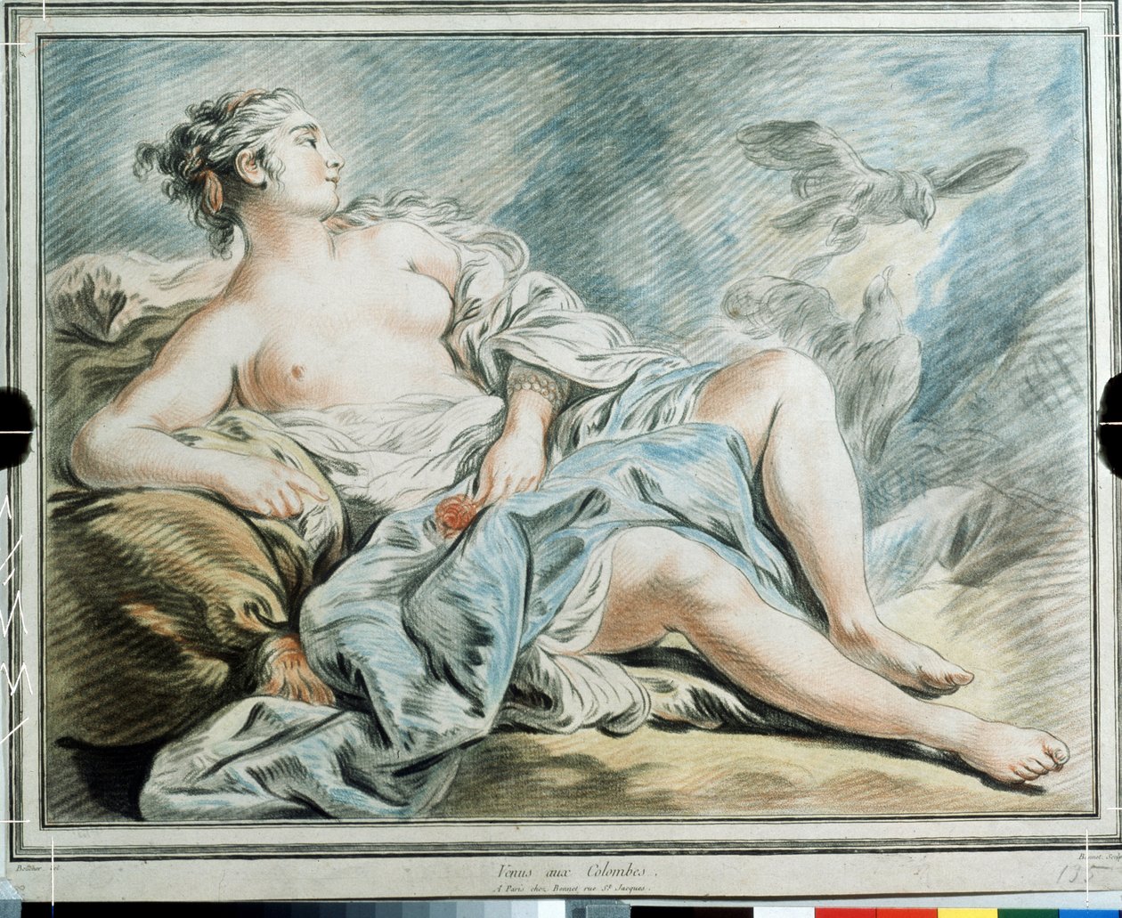 ""Venus aux colombes"" (Venus with doves) Pastel de Louis-Marin (Louis Marin) Bonnet (1743-1793) 18eme siecle Musee Pouchkine, Moscou   1313848   fi       finnish Successfully Translated  Original: Huis te Voorn bij Utrecht Translat: Huis te Voorn bij Utre tekijältä Louis Marin Bonnet