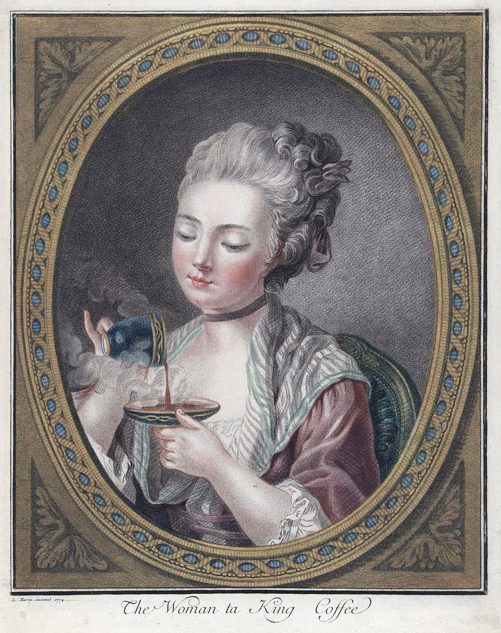Nainen juomassa kahvia - Bonnet, Louis-Marin (1743-1793) - 1774 - Etsaus, akvarelli - 28,7x23,4 - Yksityiskokoelma tekijältä Louis Marin Bonnet
