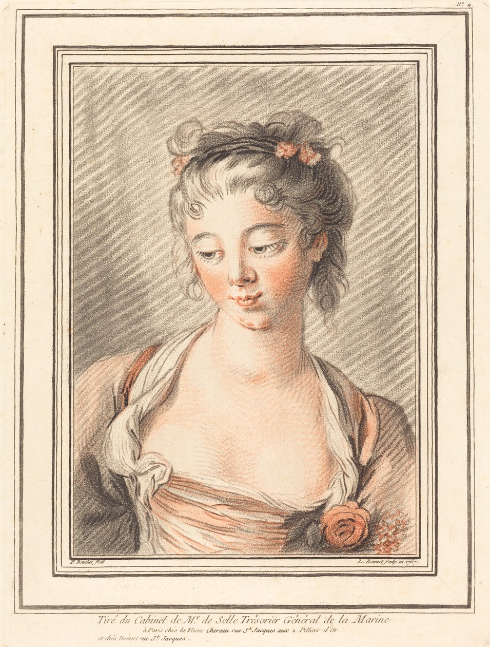 Nuoren naisen rintakuva, joka katsoo alas tekijältä Louis Marin Bonnet after François Boucher
