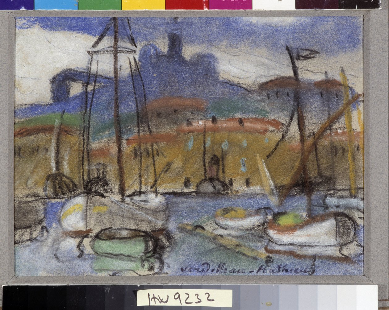 La Bonne Mère Vue de Marseille satamasta, jossa on Cathedrale Notre Dame de la Garde (Notre-Dame-de-la-Garde), jota kutsutaan myös "Bonne Mèreksi". Pastelli Louis Mathieu Verdilhan (1875-1928) Pakollinen maininta: Collection Foundation terveisin de Provenc tekijältä Louis Mathieu Verdilhan