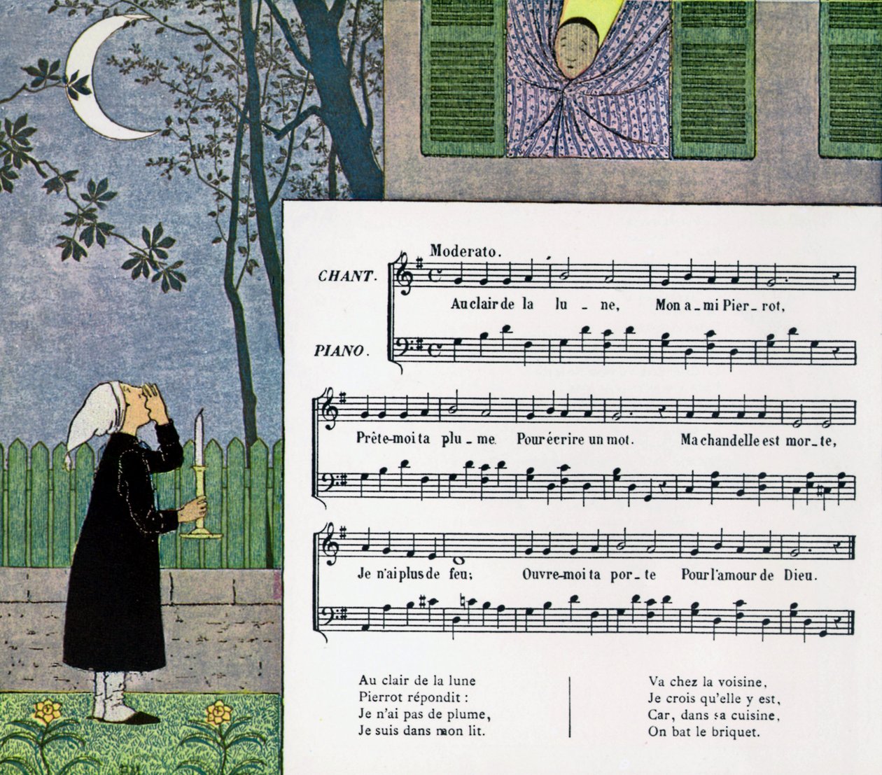 Nuotit ja kuvitus lastenlaulusta "At Moonlight" tekijältä Louis Maurice Boutet de Monvel