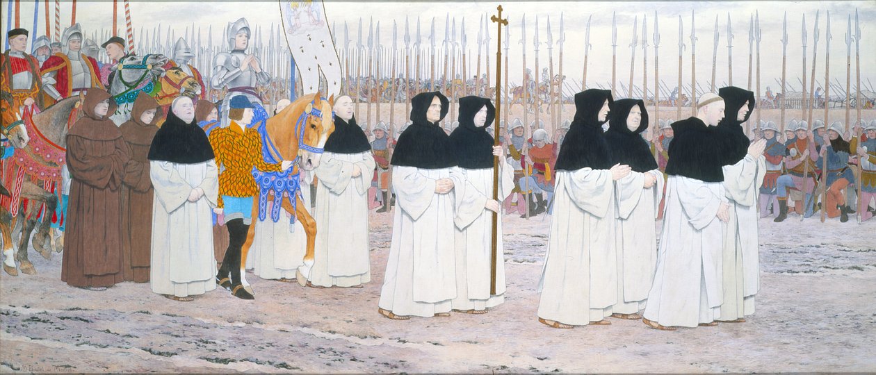 The Maid in Armour on Horseback, Jeanne of Arc -sarjasta C, n. 1905-1911 (öljy ja kultalehti kankaalle) tekijältä Louis Maurice Boutet de Monvel