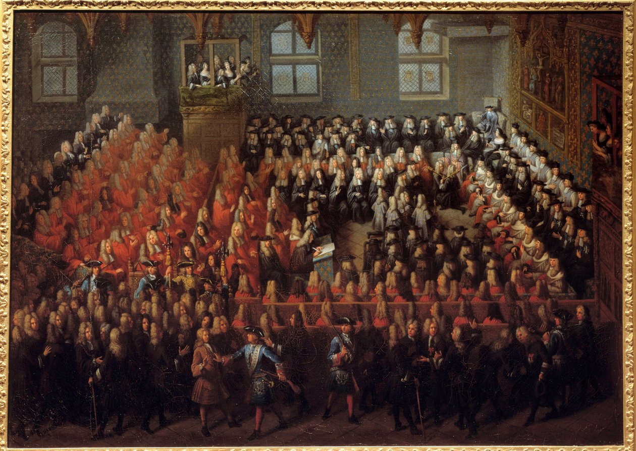 Ludvig XV:n (1710-1774) oikeussängyssä Pariisin parlamentin suuressa salissa murtaakseen Louis XIV:n (1638-1715) tahto tekijältä Louis Michel Dumesnil