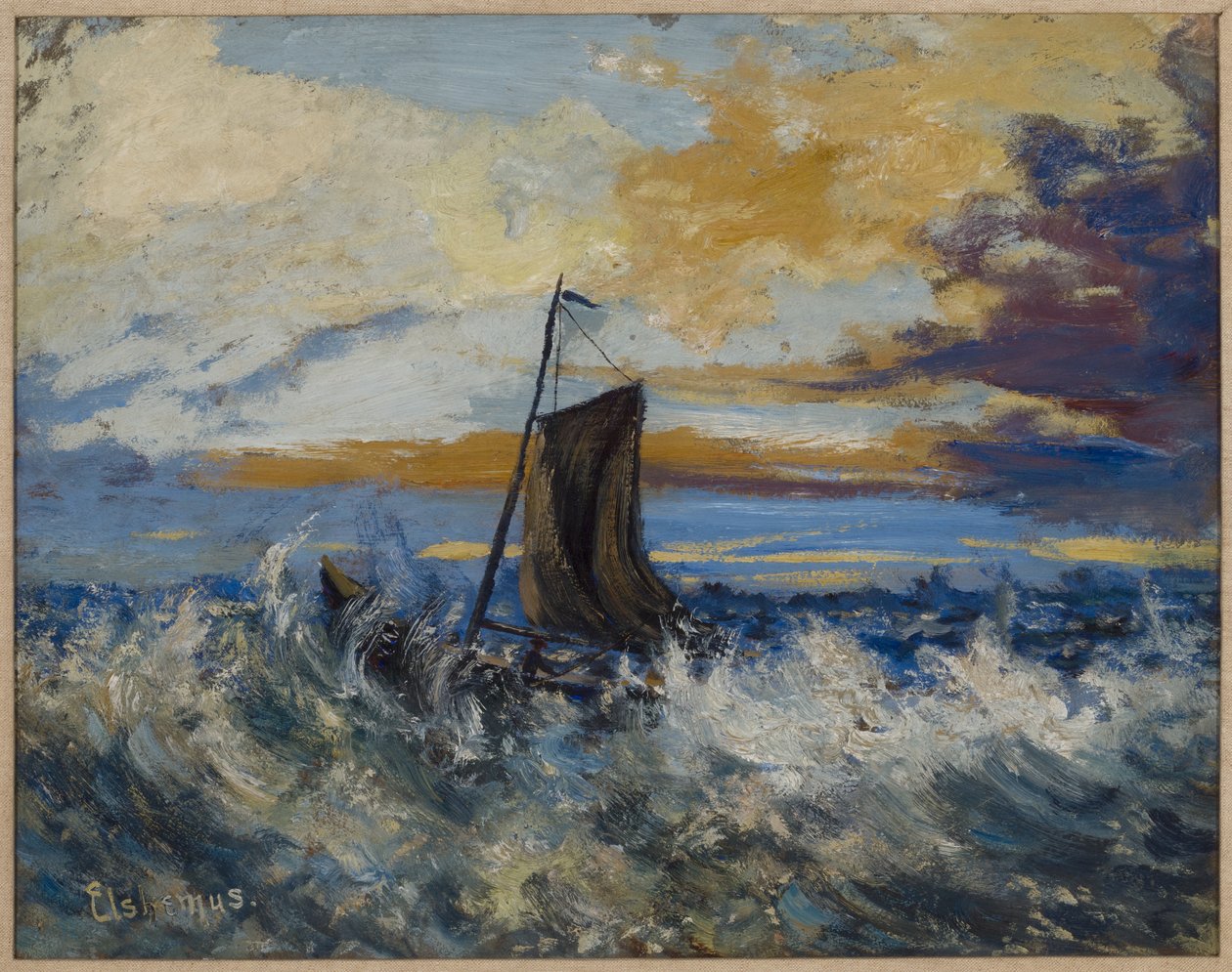 Purjevene, myrskyävä meri, noin 1907 (öljy kartongille). tekijältä Louis Michel Eilshemius