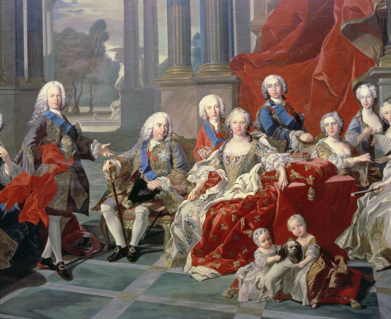 131 0794093/1 Espanjalaisen Philip V:n perhe (1683-1746) yksityiskohta, joka kuvaa kuningasta, hänen toista vaimoaan Elizabeth Farnesea ja tulevaa Ferdinand VI:ta tekijältä Louis Michel van Loo