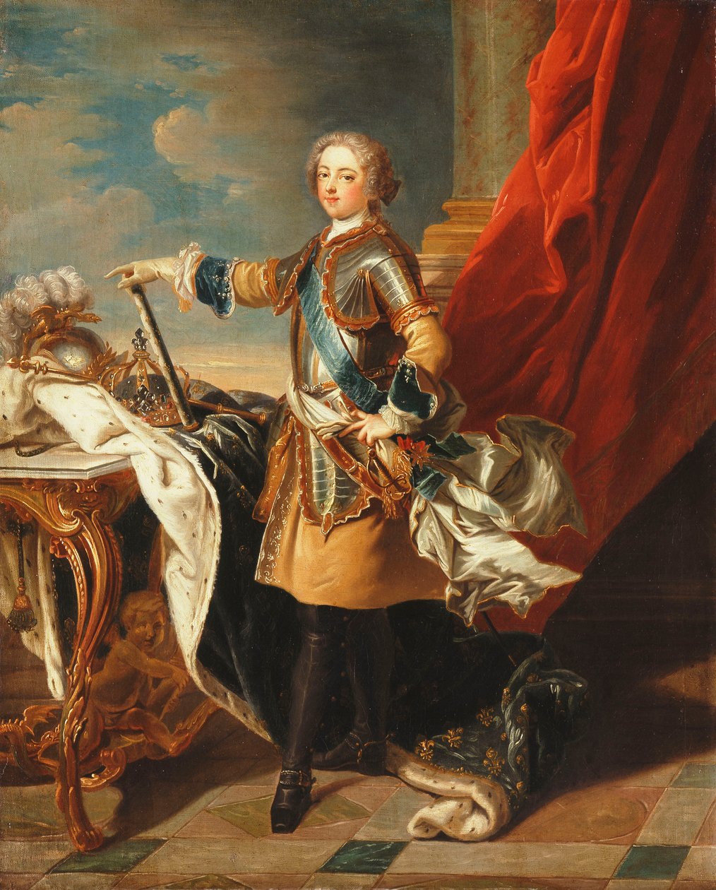 Kuningas Ludvig XV:n muotokuva, täyspitkä, pukeutunut puolihaarniska, tekijältä Louis Michel van Loo