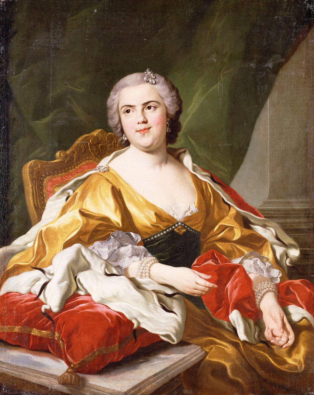Parman herttuattaren Louise Elisabeth de Bourbonin muotokuva istumassa, pituus kolme neljäsosaa, tekijältä Louis Michel van Loo