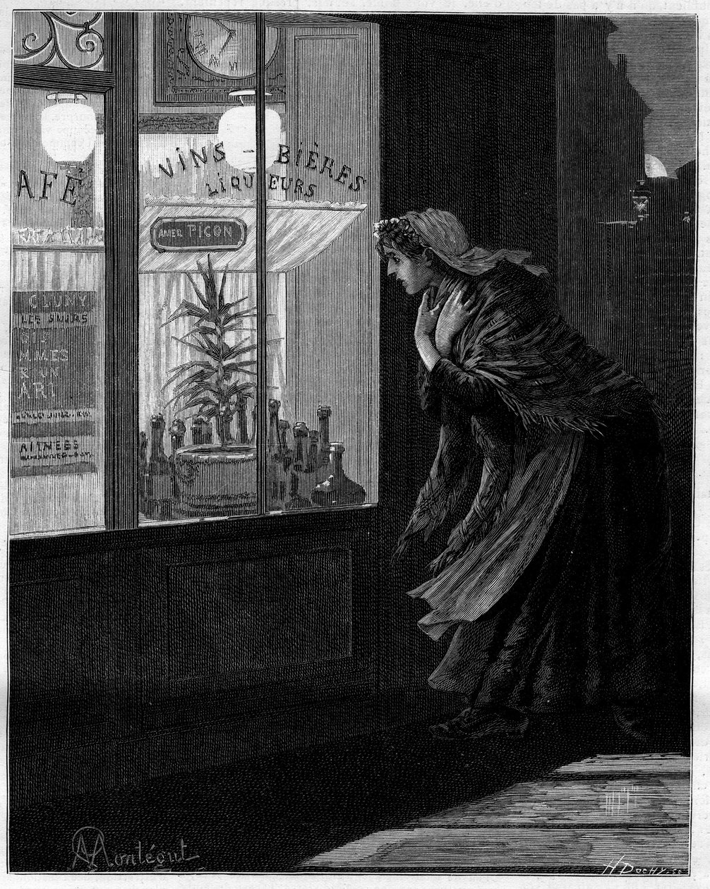 Näiden matalien ikkunoiden edessä, vain autioilla kaduilla valaistuna, pieni varjo ohittaa ja palaa pelottomasti... Nainen katselee pariisilaisen kahvilan lasin läpi. Alphonse Daudetin (1840-1897) omaelämäkerrallisessa kokoelmassa "" Trento ans de Paris".  tekijältä Louis Montegut
