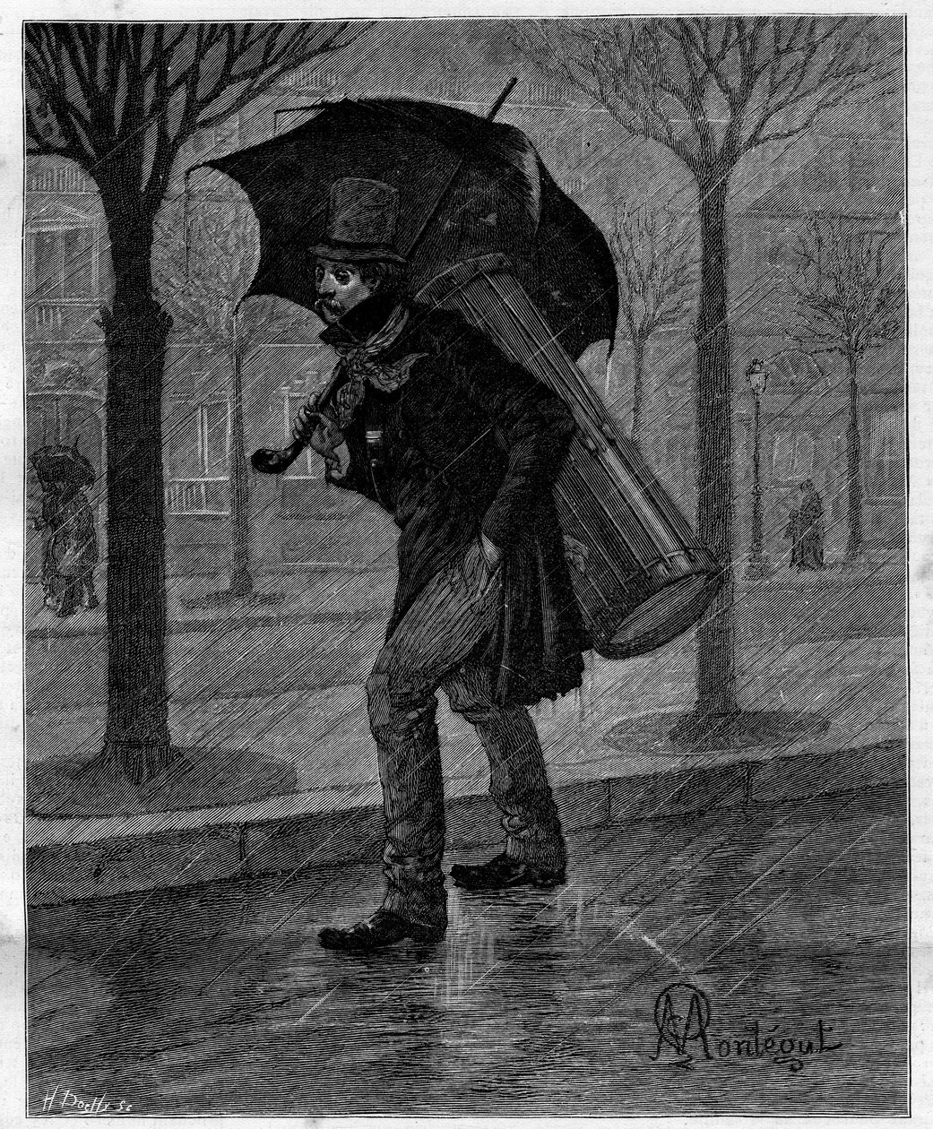 Huono sato! Huono märkä cicada! ... Rumpusoitin kurjuudessa kävelee sateessa Pariisin kaduilla. Alphonse Daudetin (1840-1897) omaelämäkerrallisessa kokoelmassa "" Trento ans de Paris". Kaiverrus Montegutin kuvien mukaan Le Monde illustrioussa tekijältä Louis Montegut