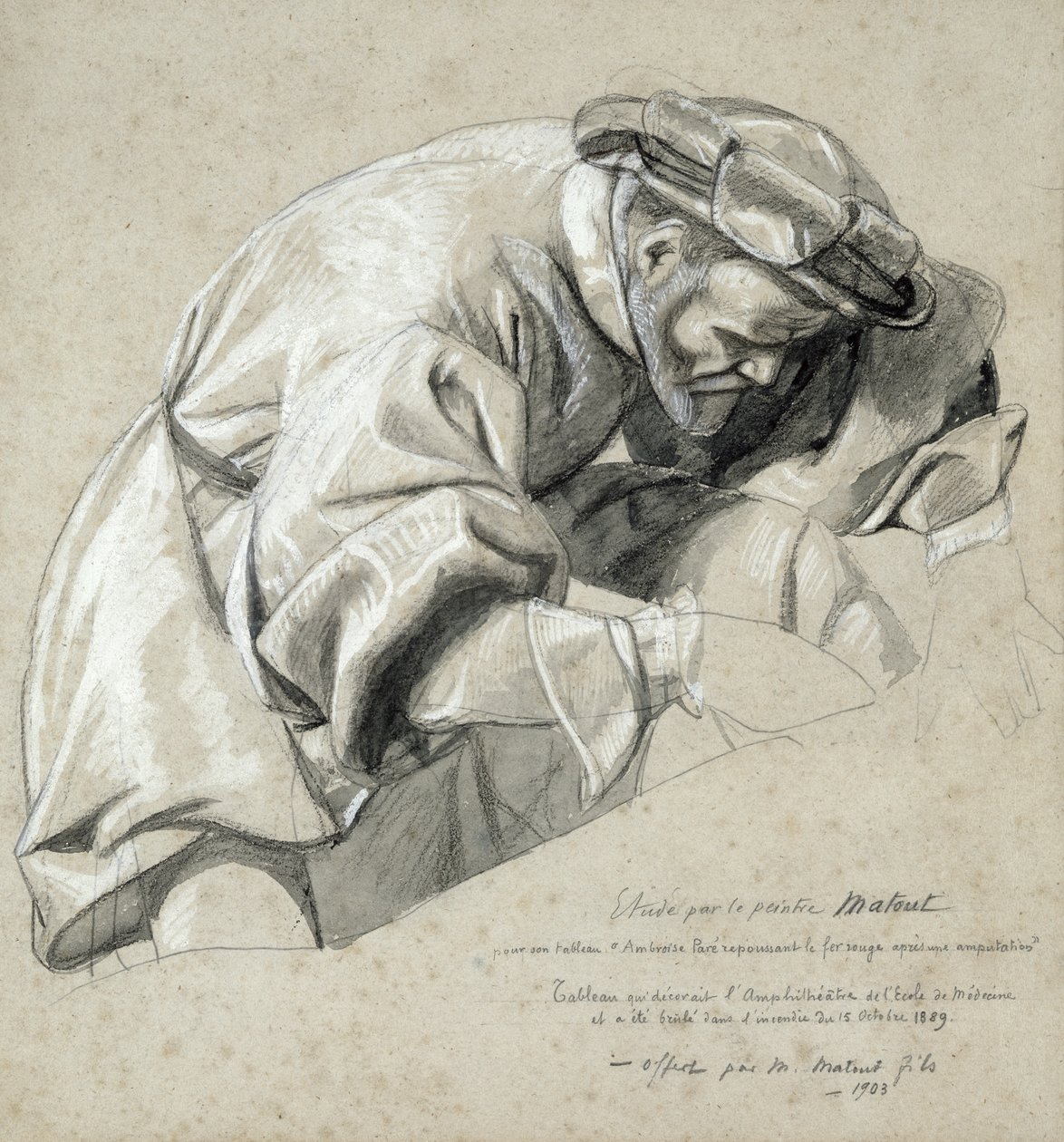 Tutkimus Ambroise Paresta (n. 1510-1590), "modernin kirurgian isästä" (hiili ja valkoinen liitu pesu paperille) tekijältä Louis Nicolas Matout