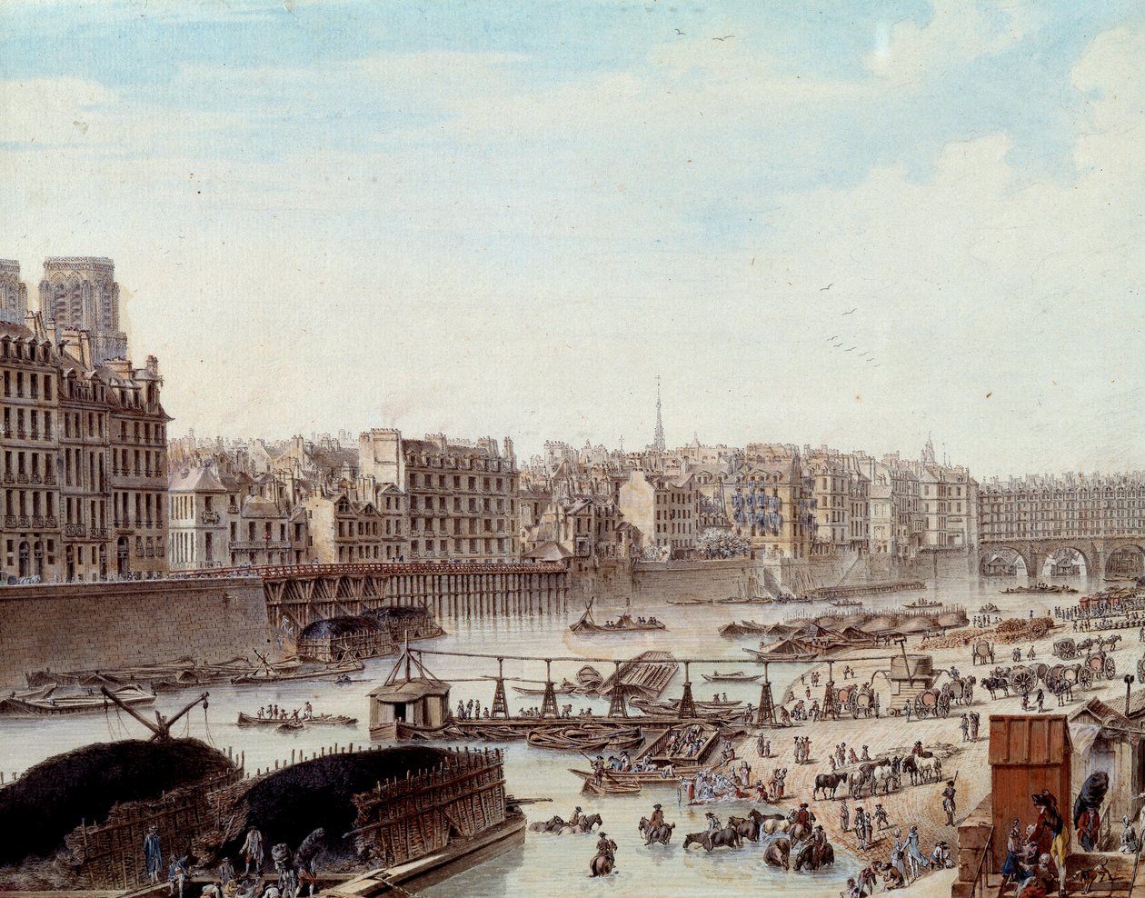 Merielämää Pariisin sataman telakoilla vuonna 1782 Peniches ja kaupallinen toiminta Seinen varrella. Yksityiskohta. Piirustus Louis de Lespinasse (1734-1808) 1782. Paris, Musee Carnavalet tekijältä Louis Nicolas de Lespinasse