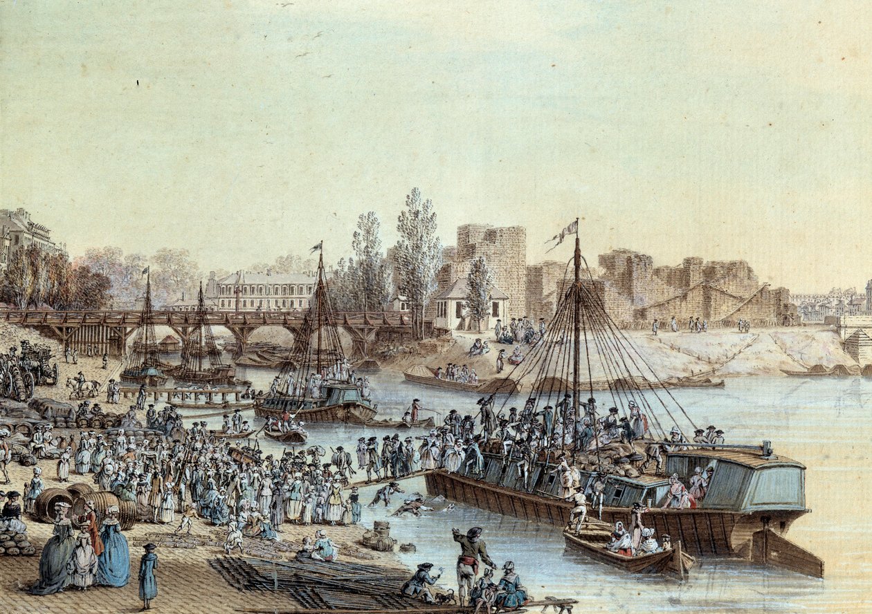 Laivaus Laiva lastasi laiturille saapuvia matkustajia. Piirustus Louis de Lespinasse (1734-1808) 1782. Paris, Musee Carnavalet tekijältä Louis Nicolas de Lespinasse