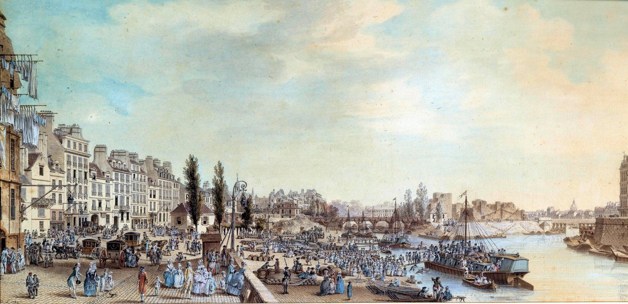 Näkymä Saint Paulin satamasta ja vesiveneiden toimistosta vuonna 1782 Louis de Lespinassen (1734-1808) pastellimaalaus 1782 Pariisi, Musee Carnavalet tekijältä Louis Nicolas de Lespinasse