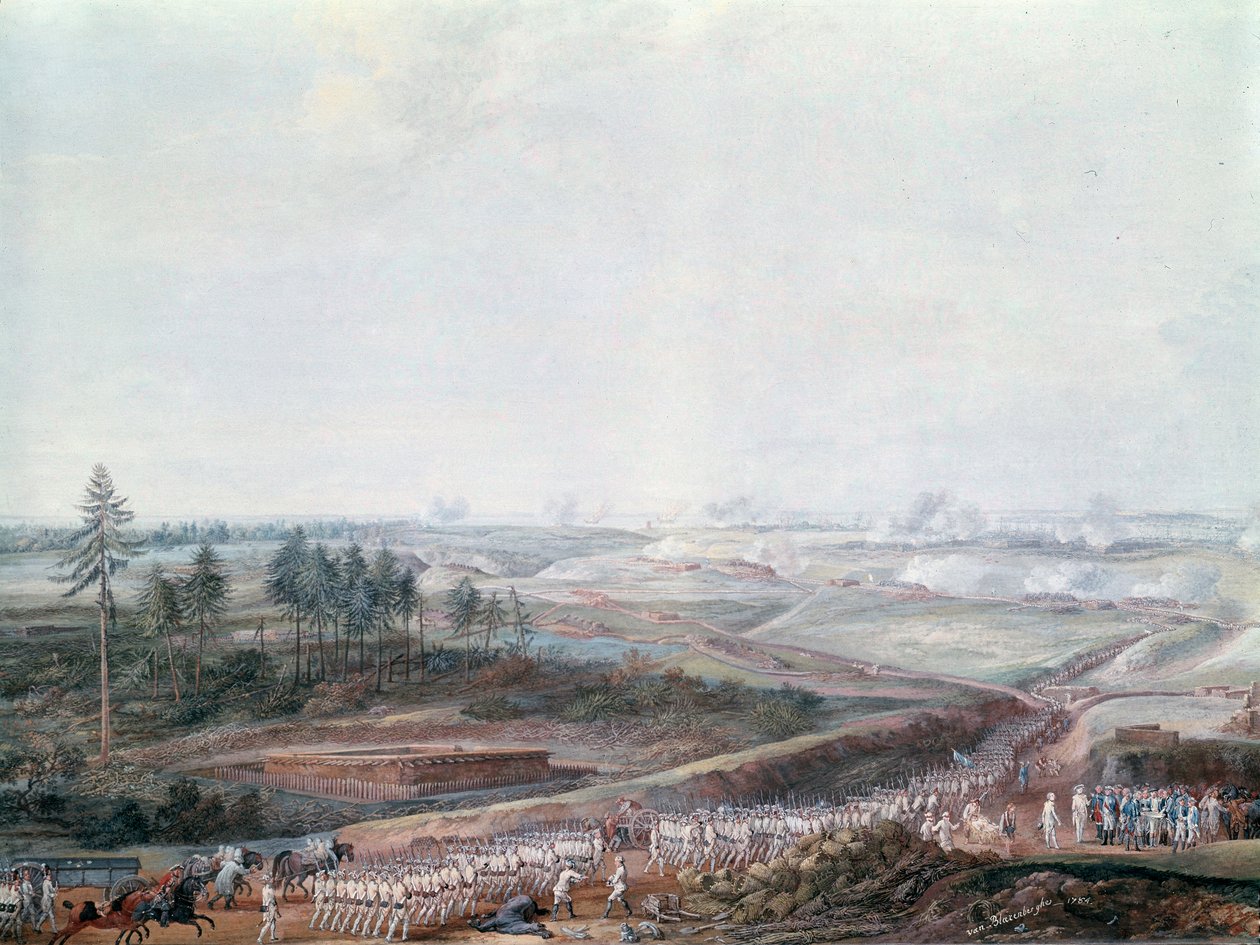 Amerikan vapaussota: Yorktownin (tai York Townin) taistelu 19.10.1781, yksityiskohta tekijältä Louis Nicolas van Blarenberghe