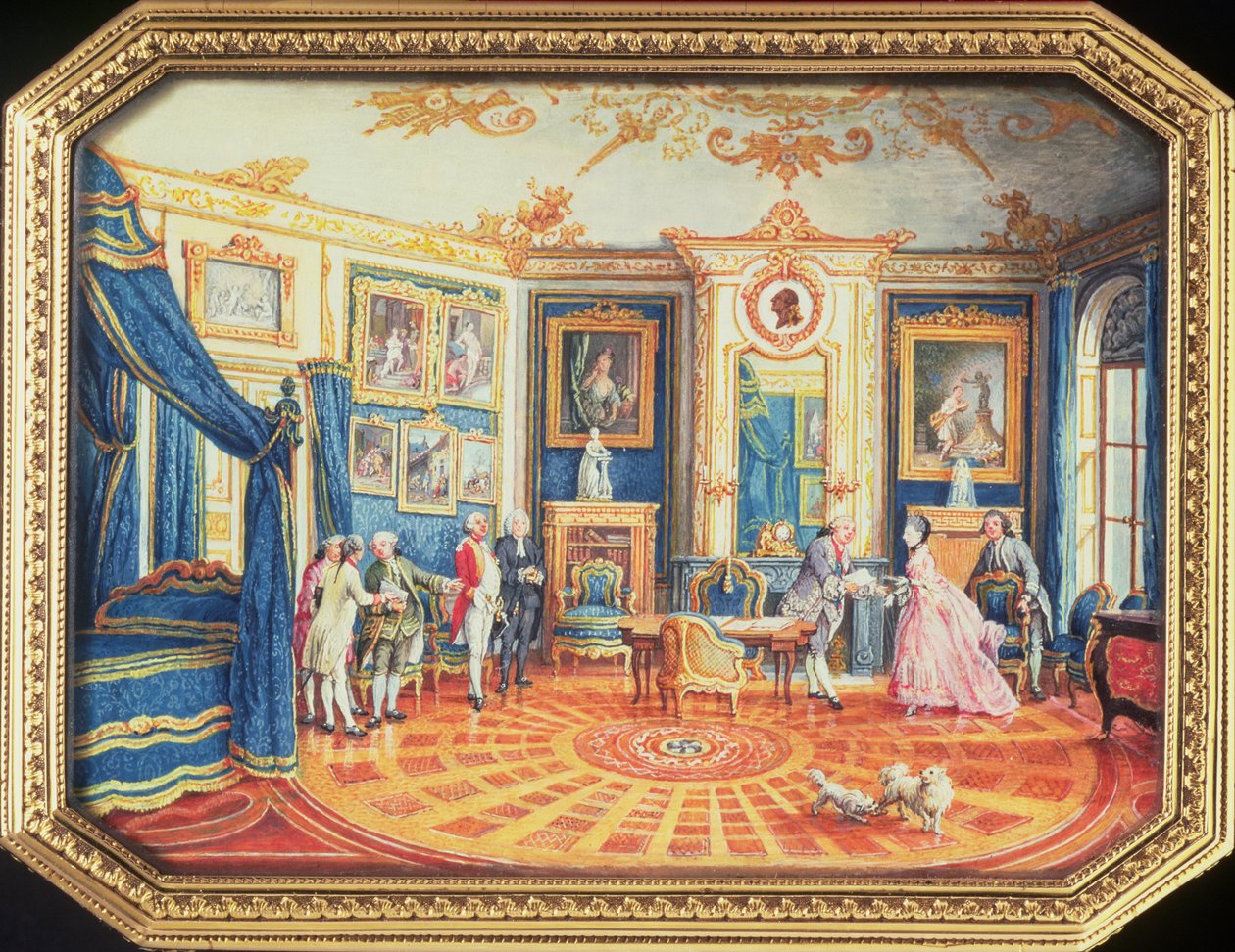 Louis Roucelin (k. 1787) valmistaman nuuskalaatikon kansi, jossa näkyy huone talvikalustuksessaan Hotel de Choiseulissa, n. 1770 (emali) tekijältä Louis Nicolas van Blarenberghe