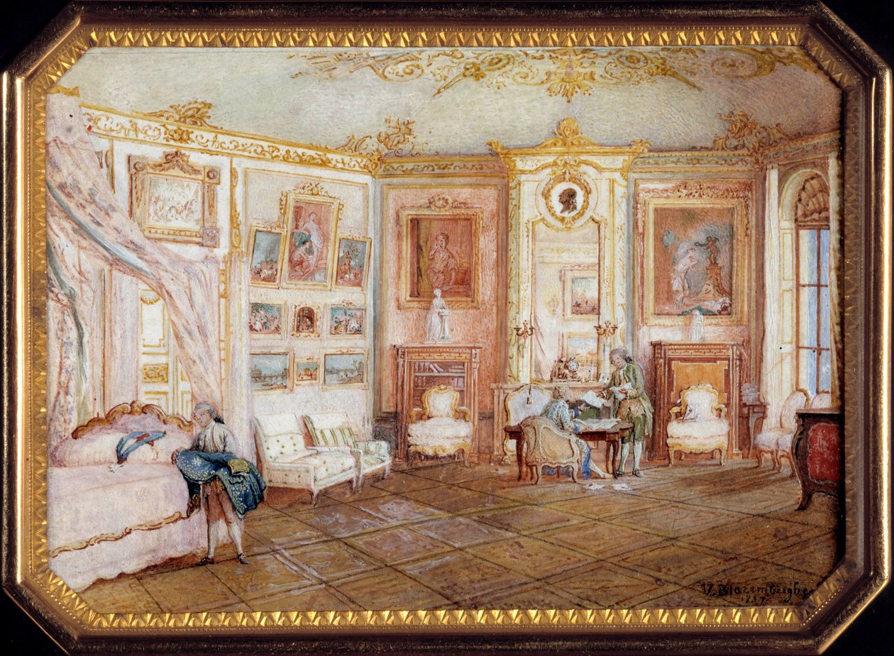 Alexandre Leferren (n. 1806-n. 1838) tabatiere-kansi Louis Nicolas Van Blarenberghen (1716-1794) pienoismaalauksen decoree, joka edustaa Ludvig XV:n alaista huonetta. Noin 1770. Aurinko 0,02x0,08x0,06 m Pariisi, musee du Louvre tekijältä Louis Nicolas van Blarenberghe