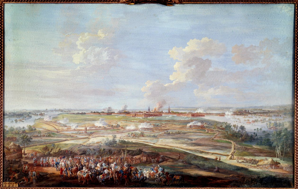 Ludvig XV:n näkymä Meninin piirityksestä 28. toukokuuta - 4. kesäkuuta 1744 Louis Nicolas Van Blarenberghen (1716-1794) guassimaalaus 1780 Su. 0,59 x 0,94 m tekijältä Louis Nicolas van Blarenberghe