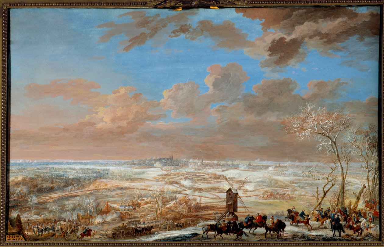 Itävallan peräkkäissota (1741-1748): "" Brysselin piiritys lumen alla Saksin marekhalin toimesta 7. - 20. helmikuuta 1746" Louis Nicolas Van Blarenberghen (1716-1794) guassi 1781 su. 0,59x0,94 m Versailles, linnan museo tekijältä Louis Nicolas van Blarenberghe