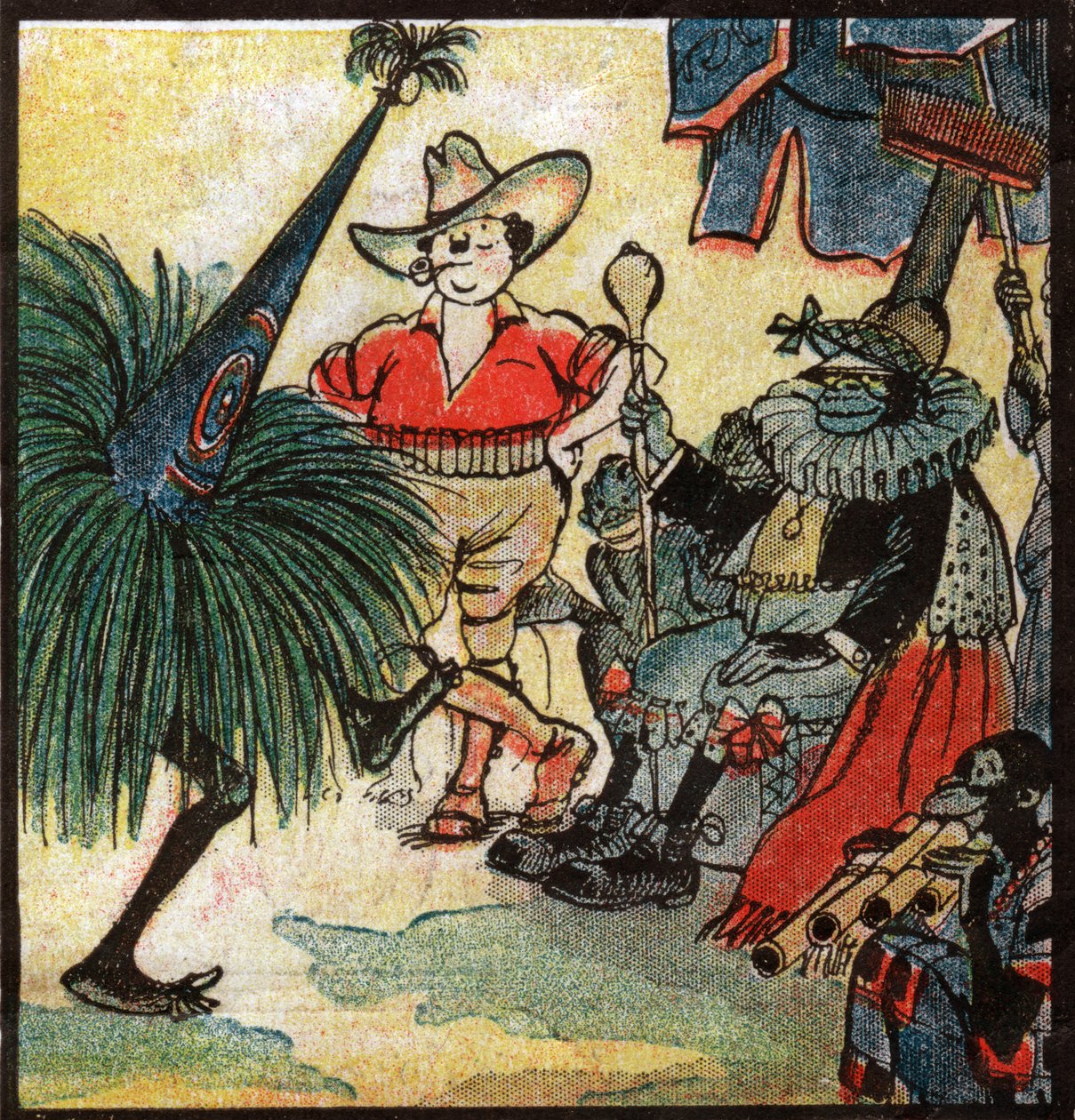 Eurooppalainen uudisasukkaat Nestor Fenleroc vierailee afrikkalaisen heimon luona. 1923 (kaiverrus) tekijältä Louis Peltier