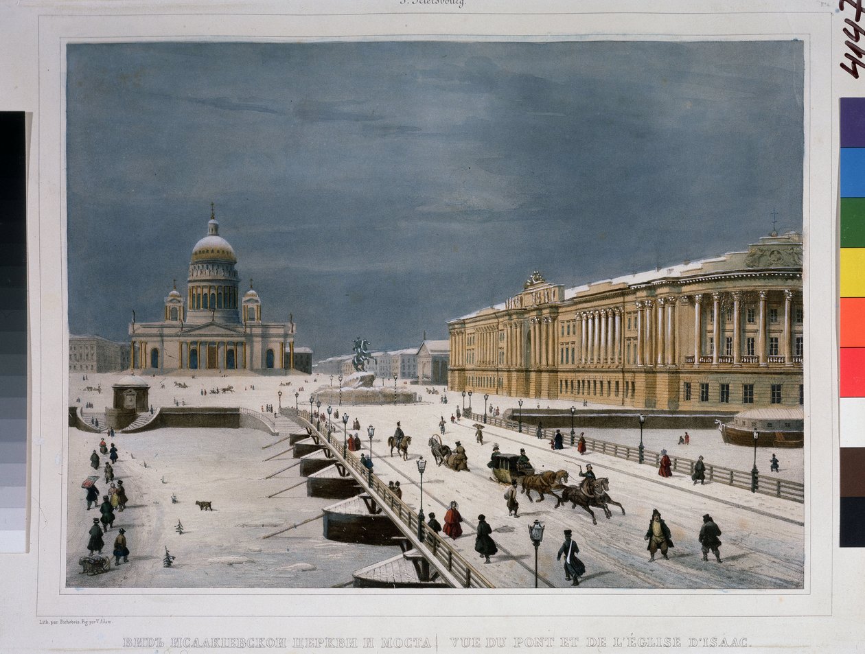 Pyhän Iisakin katedraali ja Senaatin aukio Pietarissa. Piirustus Louis Pierre Alphonse Bichebois (Louis-Pierre-Alphonse) (1801-1850). Vesiväreillä värjätty litografia, tekijältä Louis Philippe Alphonse Bichebois