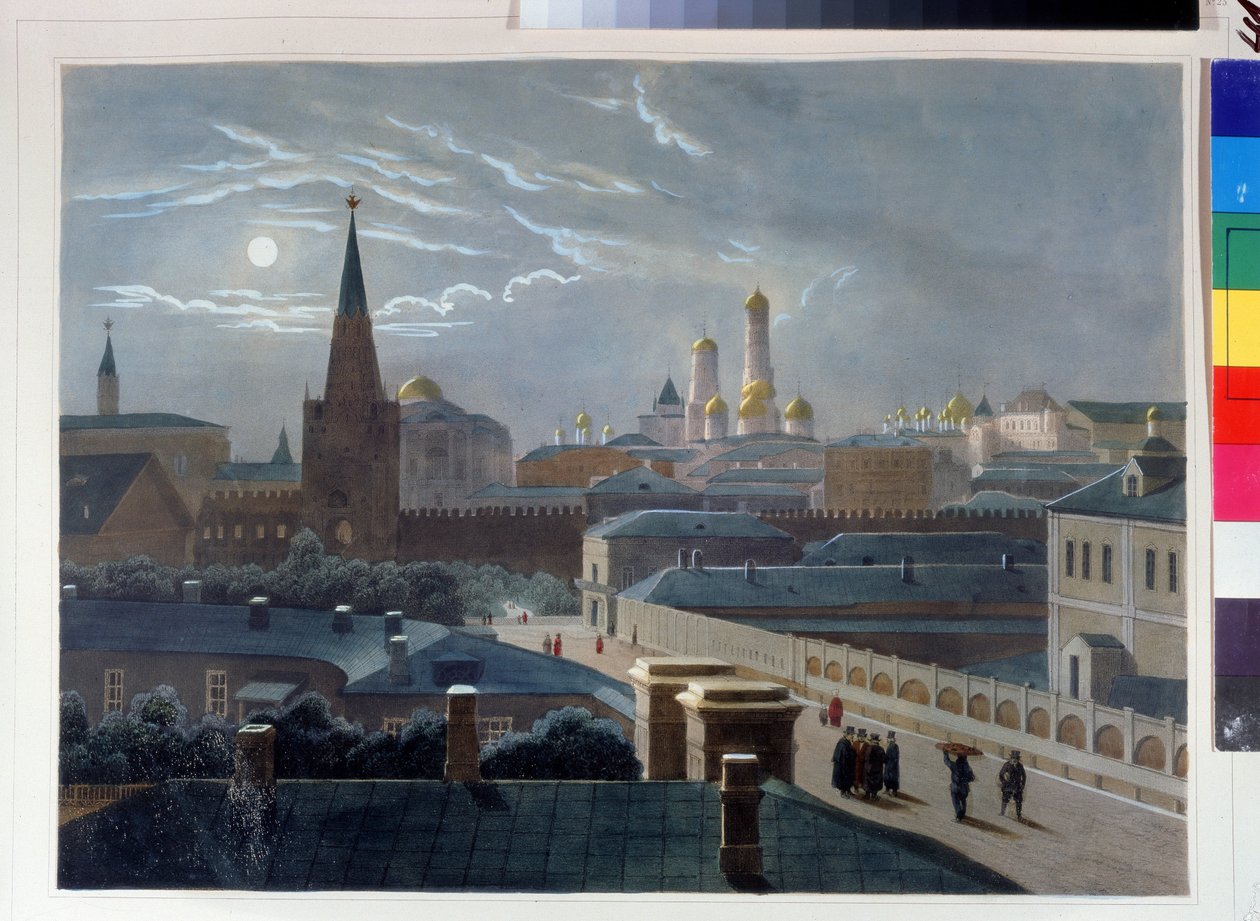 Näkymä Moskovan Kremlistä. Piirustus Louis Pierre Alphonse Bichebois (1801-1850). Vesiväreillä värjätty litografia, noin 1830-1840, ranskalainen taide, klassismi. A. Pushkinin muistomuseo, Pietari. ©FineArtImag tekijältä Louis Philippe Alphonse Bichebois
