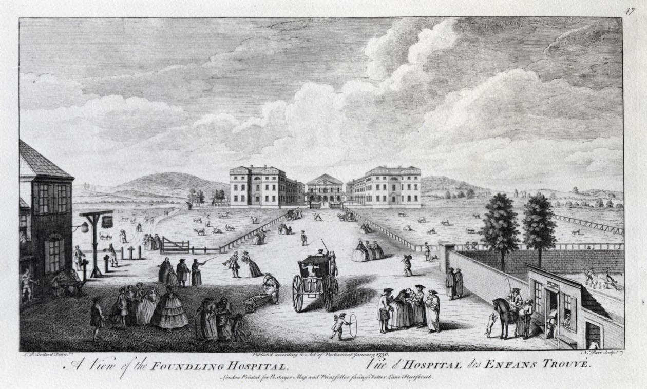 Nathaniel Parrin kaiverrama Näkymä Foundling Hospitalista, 1750. tekijältä Louis Philippe Boitard