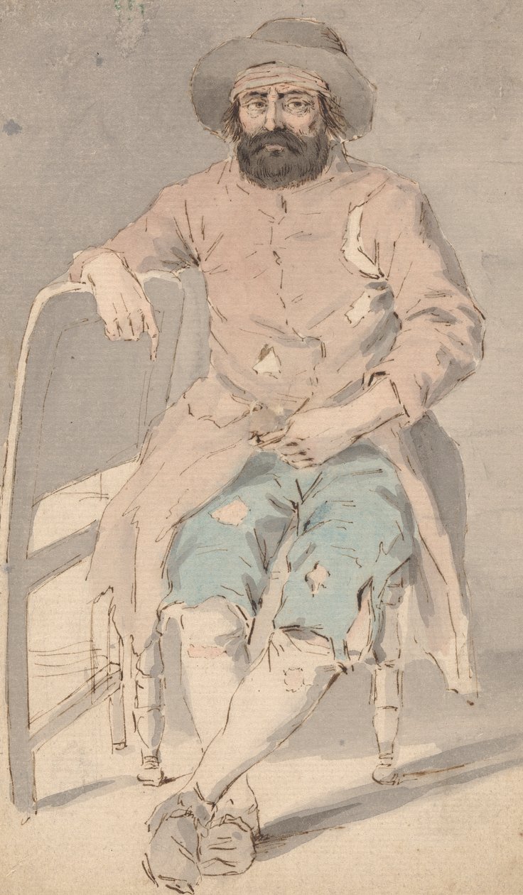 Mies räsyisissä vaatteissa istuu oikea käsi toisen tuolin päällä tekijältä Louis Philippe Boitard