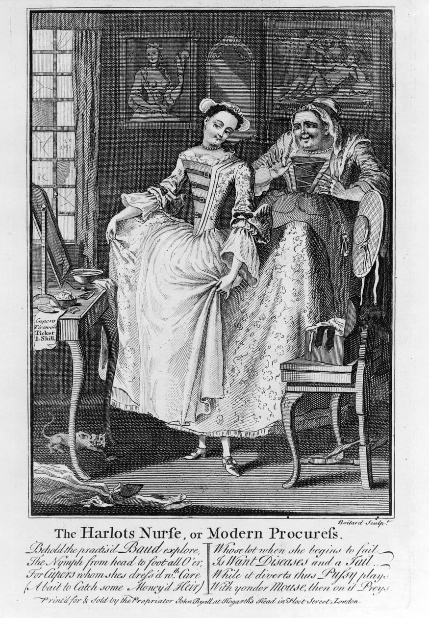The Harlots Nurse tai Modern Procuress, pubi. 1750 (bw-kaiverrus) tekijältä Louis Philippe Boitard