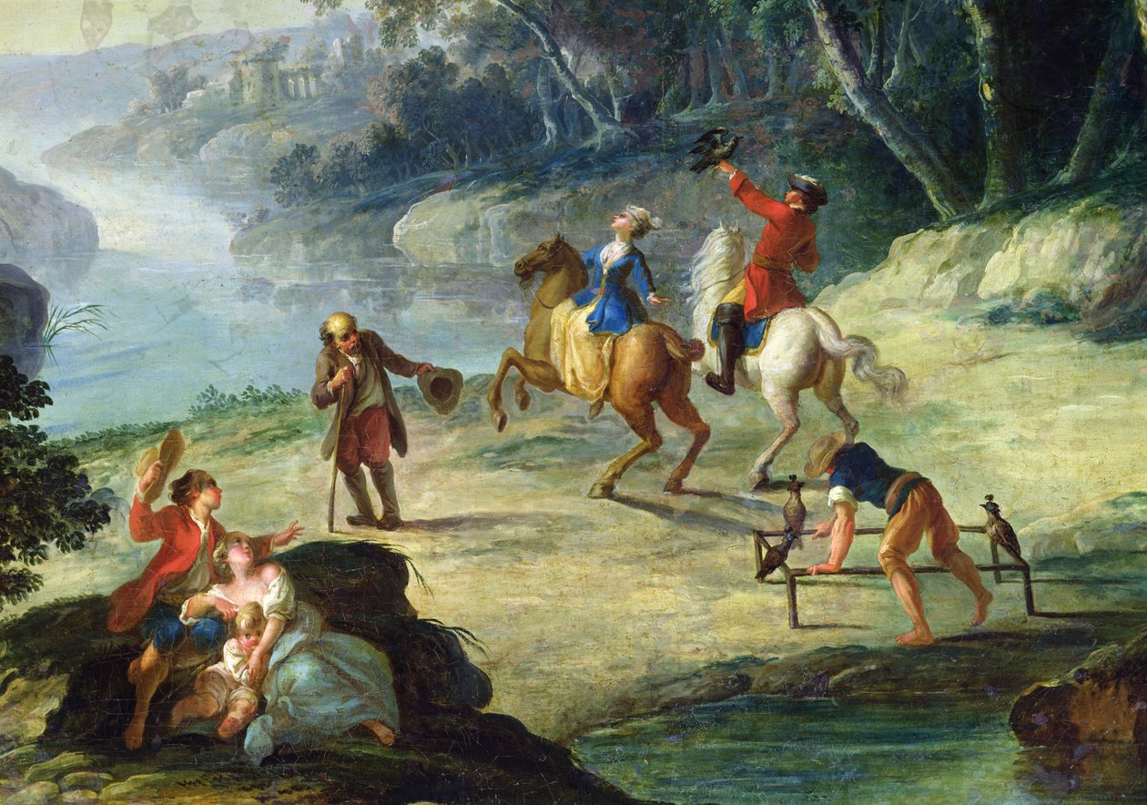 Metsästys haukkojen kanssa, yksityiskohta ratsastajasta ja haukkametsästäjästä öljy kankaalle tekijältä Louis Philippe Crepin