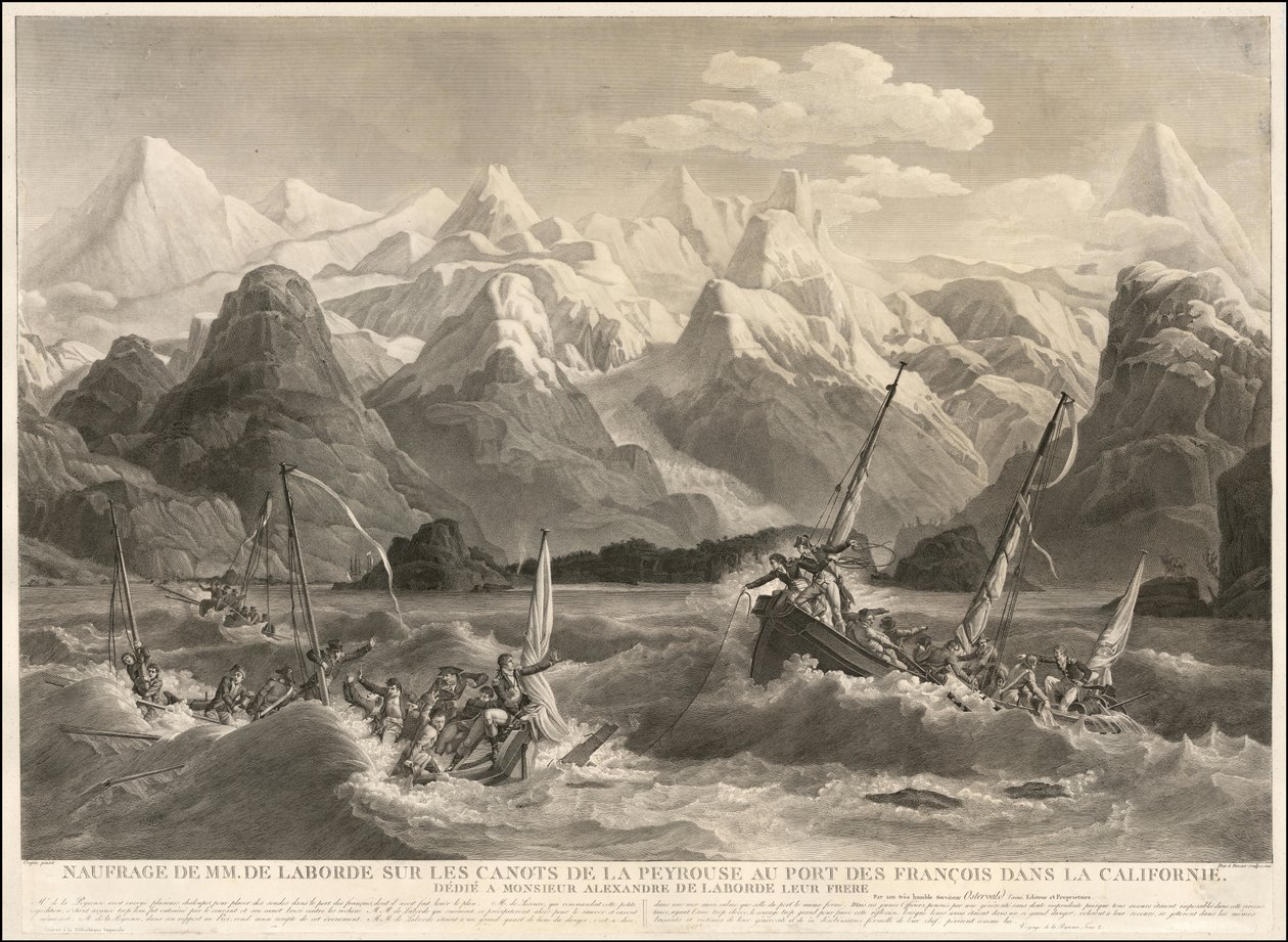 Vuoden 1786 kaiverrus kahden La Perousen retkikuntaan kuuluneen pienen veneen haaksirikosta. tekijältä Louis Philippe Crepin