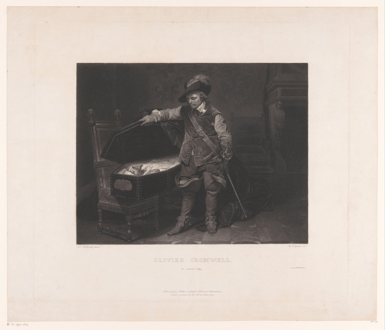Oliver Cromwell Englannin kuninkaan Charles I:n arkussa Oliver Cromwell. 30. tammikuuta 1649 (otsikko esineessä) tekijältä Louis Pierre Henriquel Dupont