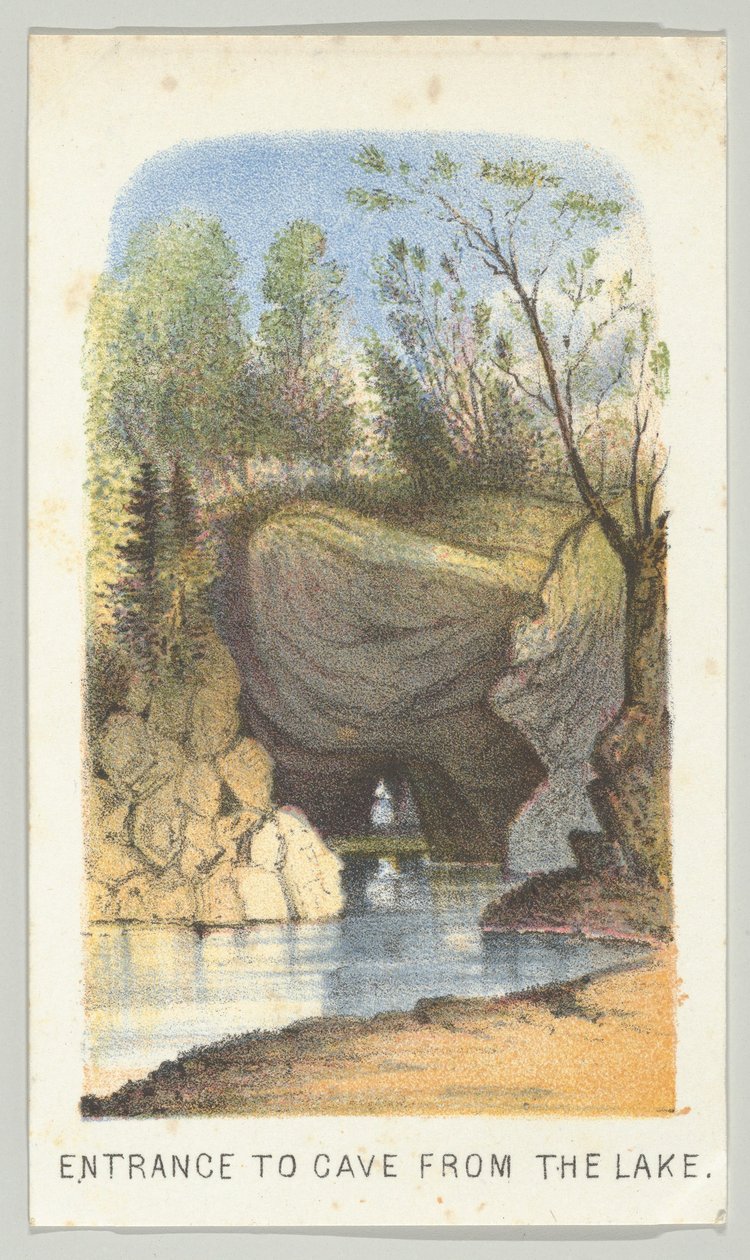 Sisäänkäynti luolaan järveltä, sarjasta Views in Central Park, New York, osa 2, 1864. tekijältä Louis Prang
