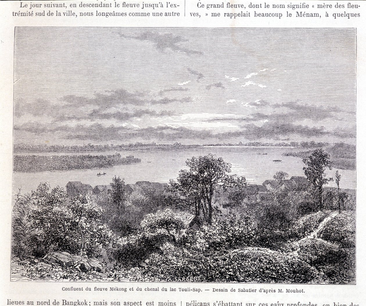 Mekong-joen ja Touli-järven yhtymäkohta - isku. Sabatierin piirustus herra Mouhotin mukaan. “Tour du monde” tekijältä Louis Remy Sabatier
