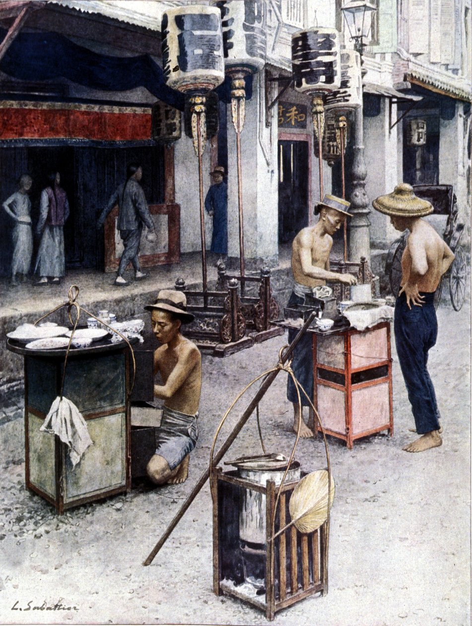 Siirrettävät ravintolat Singaporen Chinatownissa. Kuvitus L. Sabatier. 1800-luvulla. tekijältä Louis Remy Sabattier