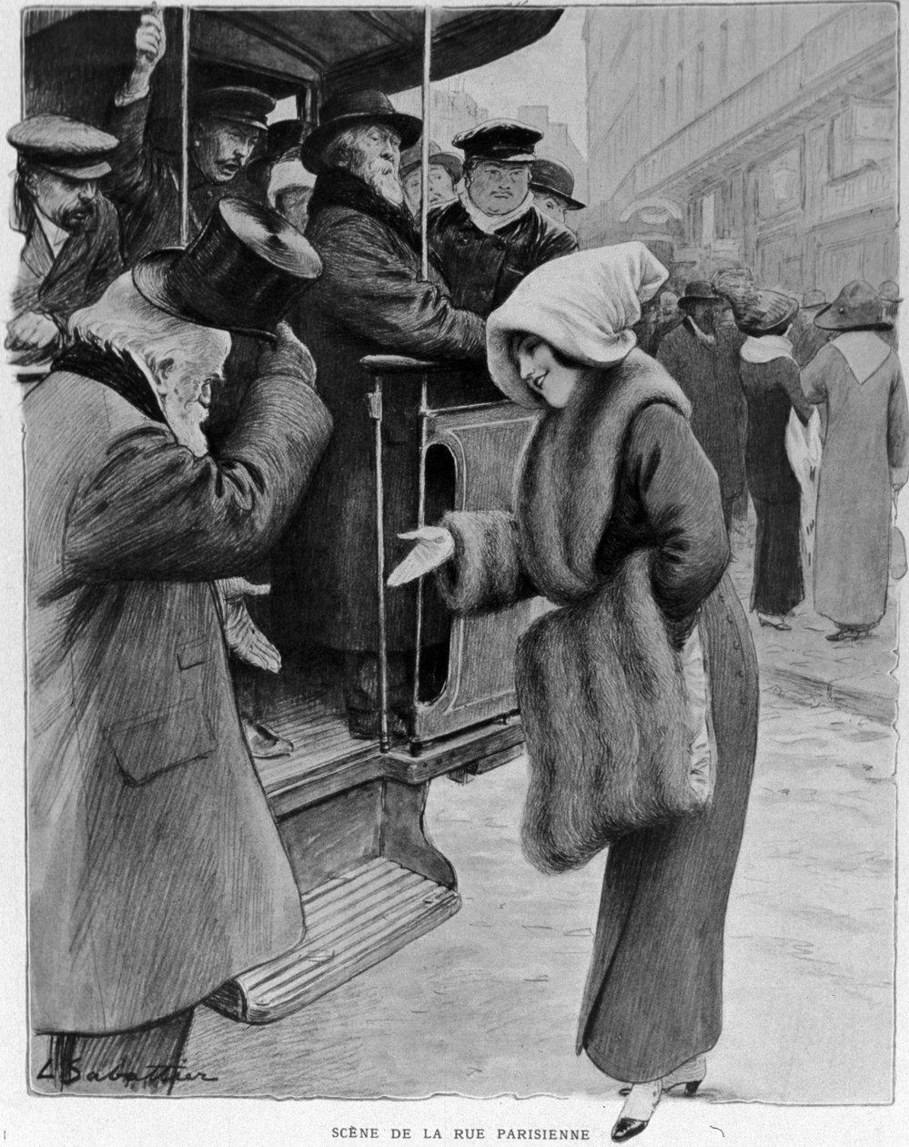 Kohteliaisuus: Kohtaus pariisilaisesta kadusta - menneen vuoden Galenterie nykypäivän Pariisissa. Vanha mies ja nuori nainen bussipysäkillä. Kuva Sabatierista. n.d. 1910-luku. tekijältä Louis Remy Sabattier