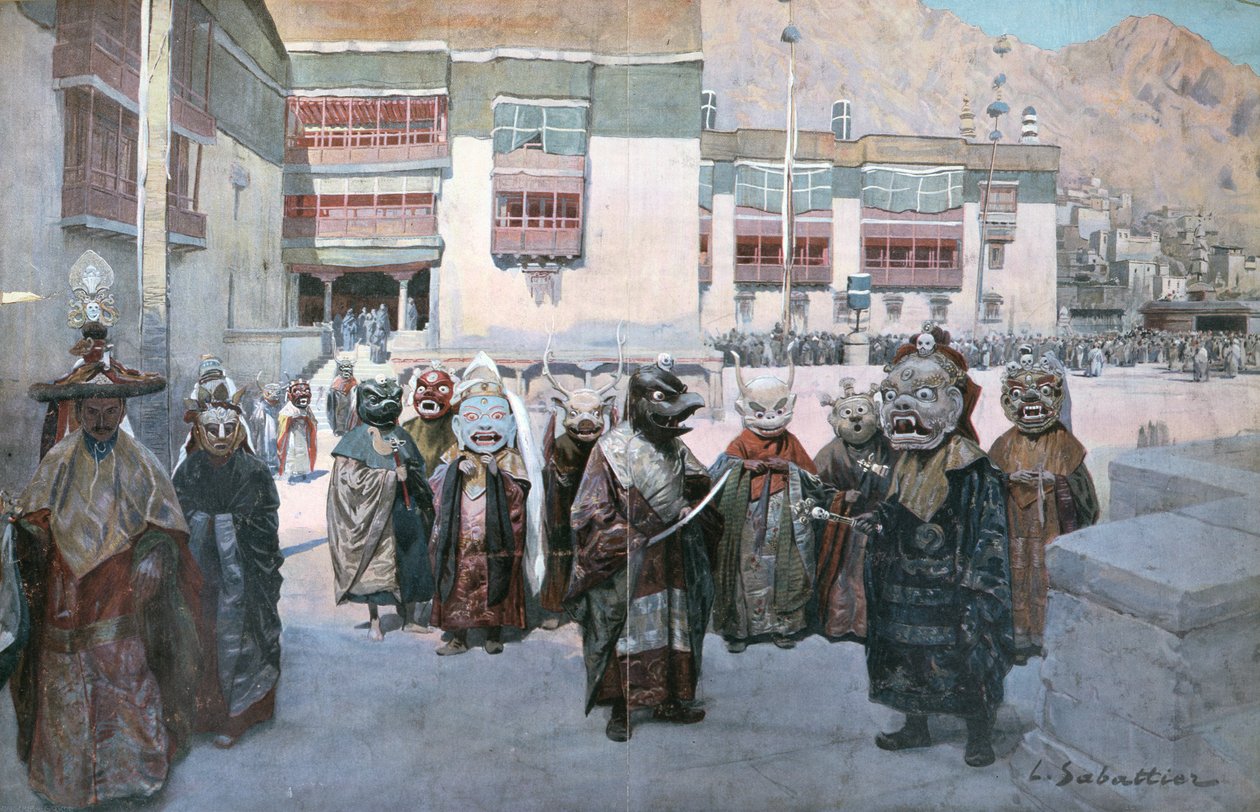 Kevätjuhla Himis-luostarissa, Tiibetissä (litho) tekijältä Louis Remy Sabattier