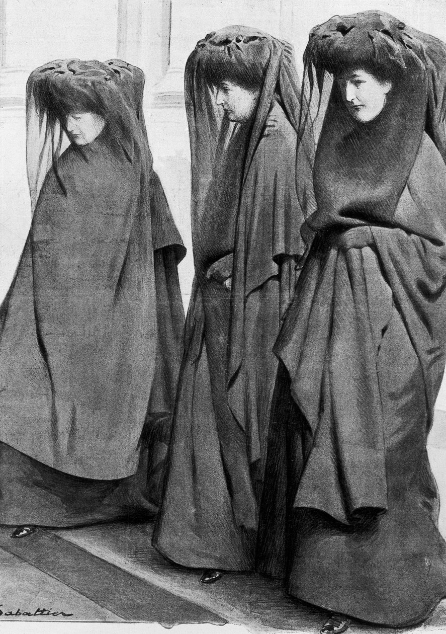 Prinsessat Louise, Stephanie ja Clementine Sachsen Cobourgista (Saksi-Cobourg) surussa isänsä Belgian kuninkaan Leopold II:n (1835-1909) hautaamisessa joulukuussa 1909. Kuvitus Louis Remy Sabattier (1863-1935) tekijältä Louis Remy Sabattier