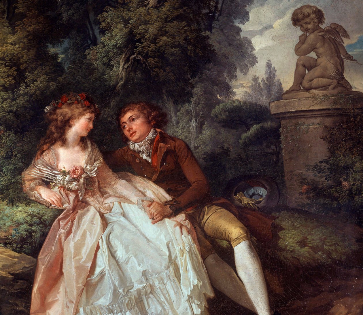 Galante-kohtaus (Amorin kanssa) yksityiskohta Louis Trinquessen (1746-1800) maalauksesta 1700-luvun Tours, Musee des Beaux Arts tekijältä Louis Rolland Trinquesse