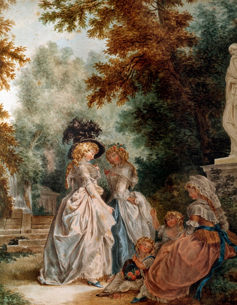 Kävele puistossa Elegant Young Women -hetkellä rentoutuessasi puutarhassa. Louis Trinquessen (1746-1800) akvarelli 1700-luvulla. Pariisi, Musee Carnavalet tekijältä Louis Rolland Trinquesse