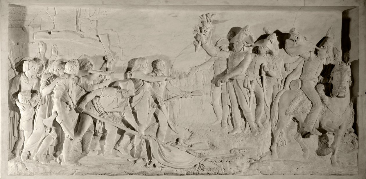 Vendee-sota: kenraali Lazare Hochen (1768-1797) rauhoittaja Vendeen vuonna 1796. Simon Louis Boizotin (1743-1809) veistämällä matala kohokuvio marmorista. 1800. Versailles, linnamuseo tekijältä Louis Simon Boizot