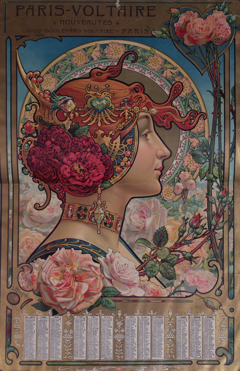 Kalenteri vuodelle 1901 Paris-Voltaire-liikkeelle, Pariisi, noin 1900 tekijältä Louis Theophile Hingres