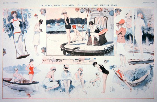 Rauhallisia aikoja maaseudulla....kun ei sada!, n.1930 (väri litho) tekijältä Louis Vallet