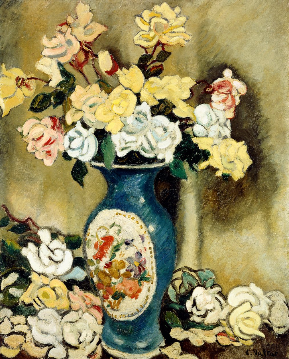 Kimppu punaisia ruusuja sinisessä maljakossa, n. 1920 (öljy kankaalle) tekijältä Louis Valtat